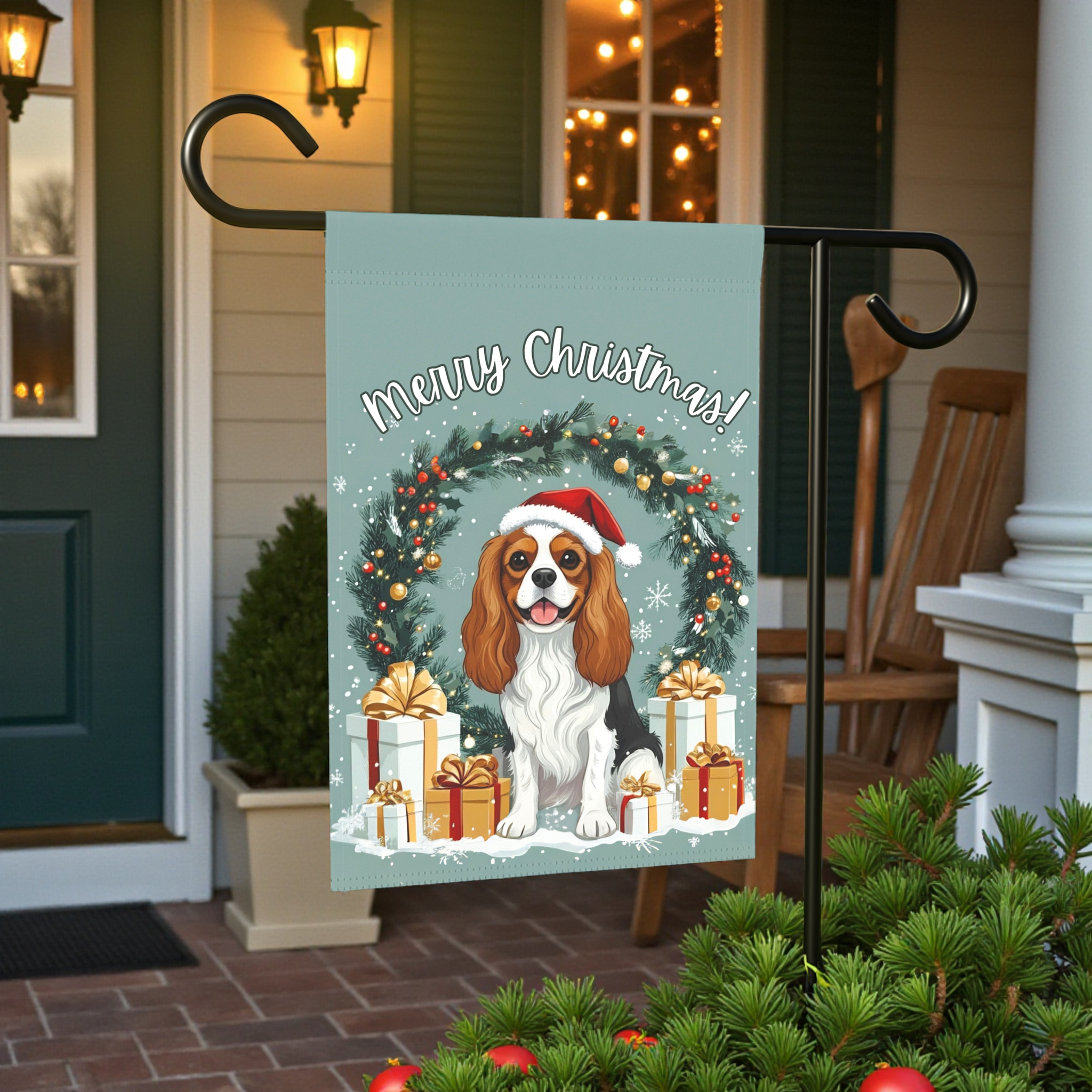 Merry Christmas Cavalier King Charles Spaniel Garden Flag - lifestyle display - Dragonfire Gardens