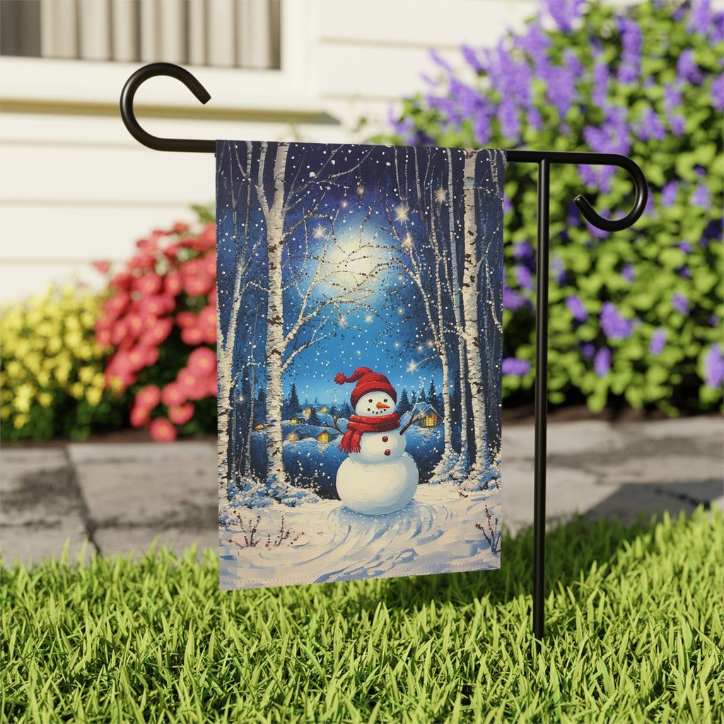 Winter Night Snowman Garden Flag - outdoor display - Dragonfire Gardens