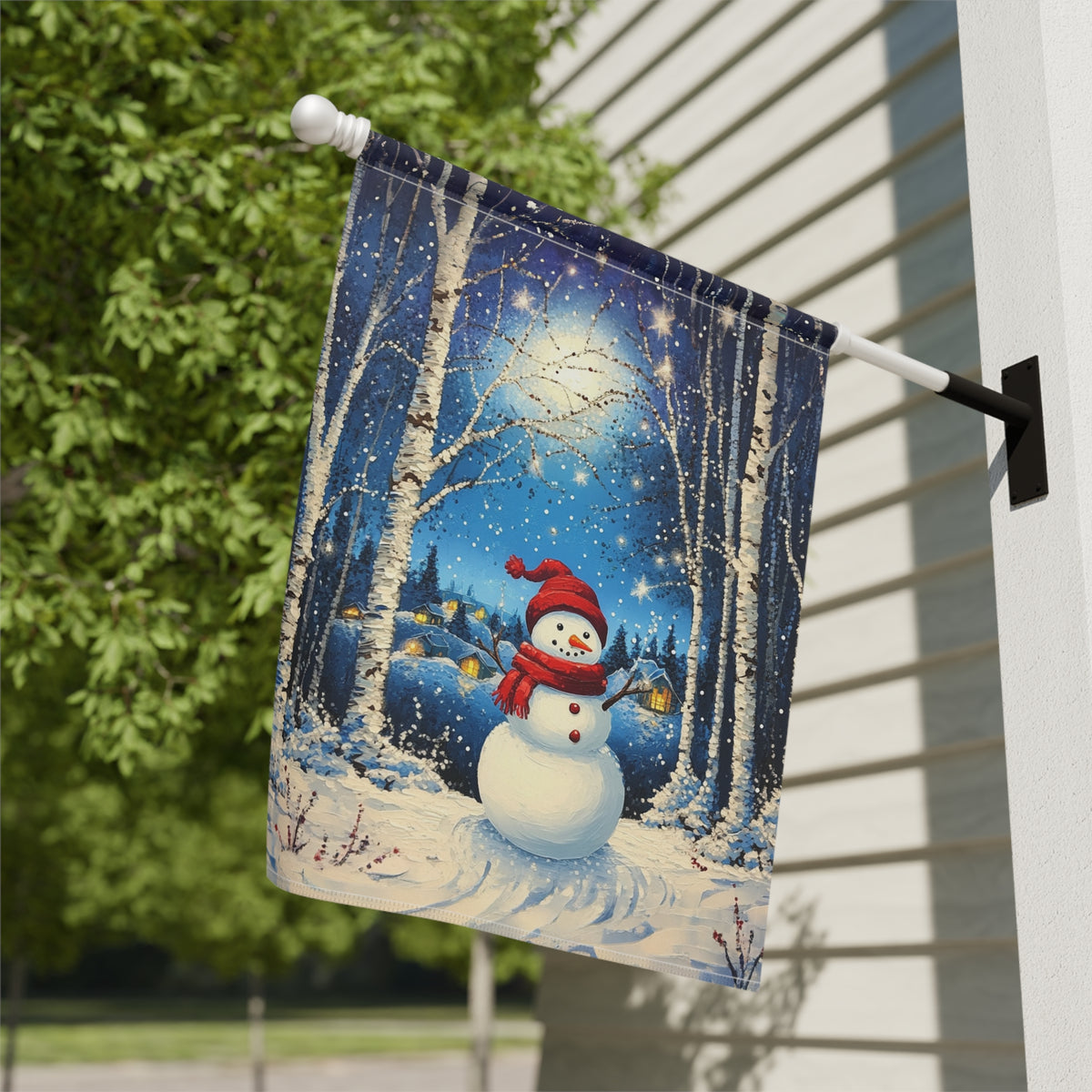 Winter Night Snowman Garden Flag - close-up detail - Dragonfire Gardens