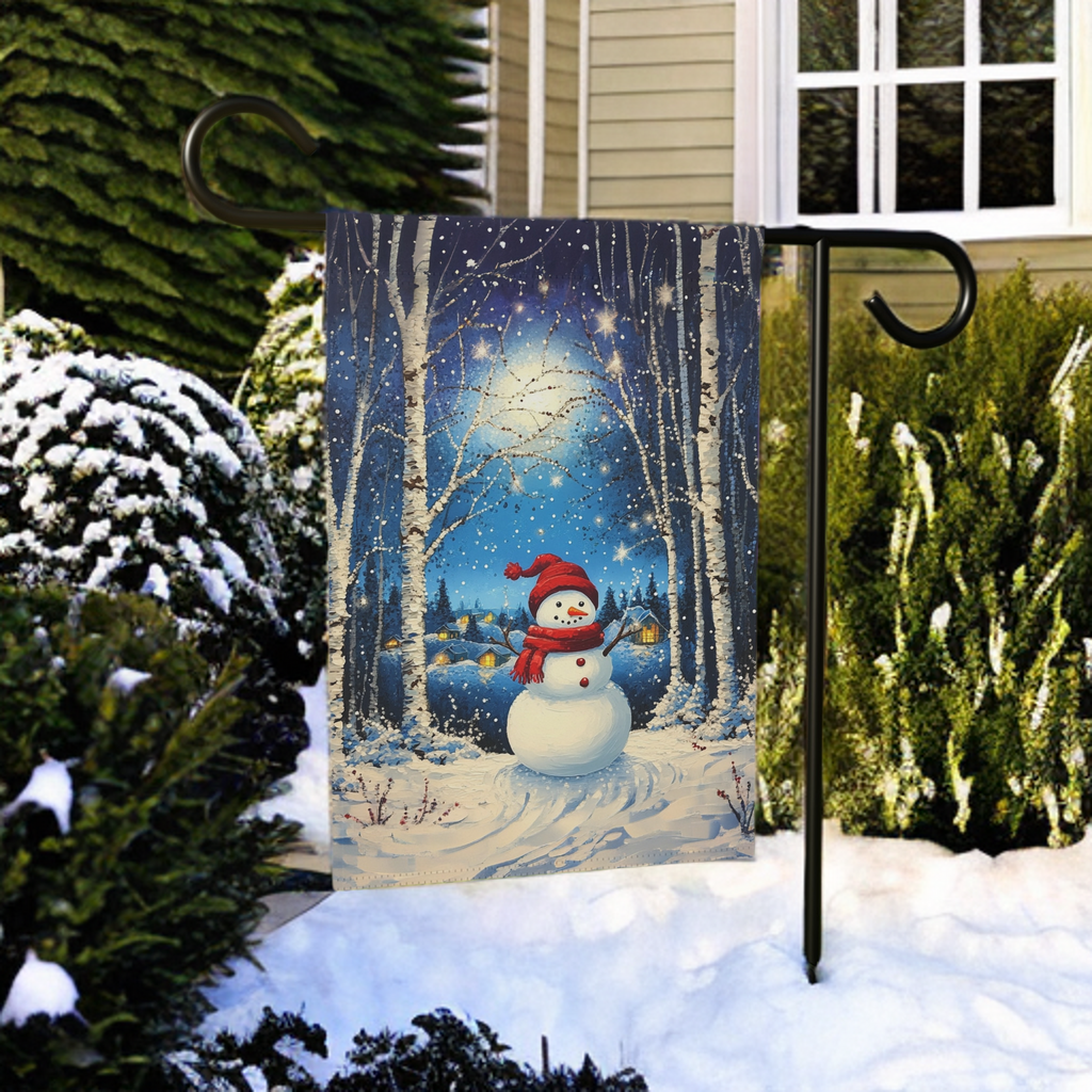 Winter Night Snowman Garden Flag - lifestyle display - Dragonfire Gardens