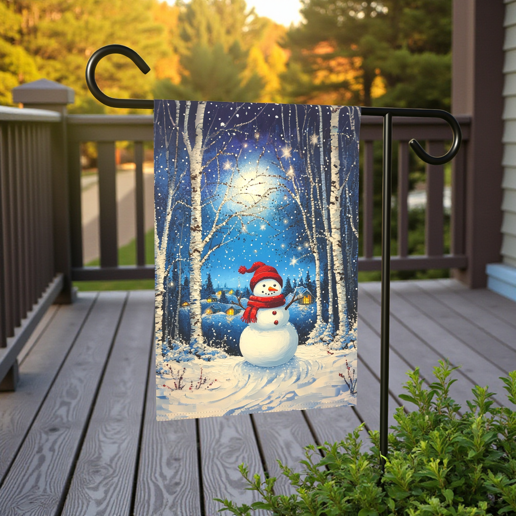 Winter Night Snowman Garden Flag - size comparison - Dragonfire Gardens