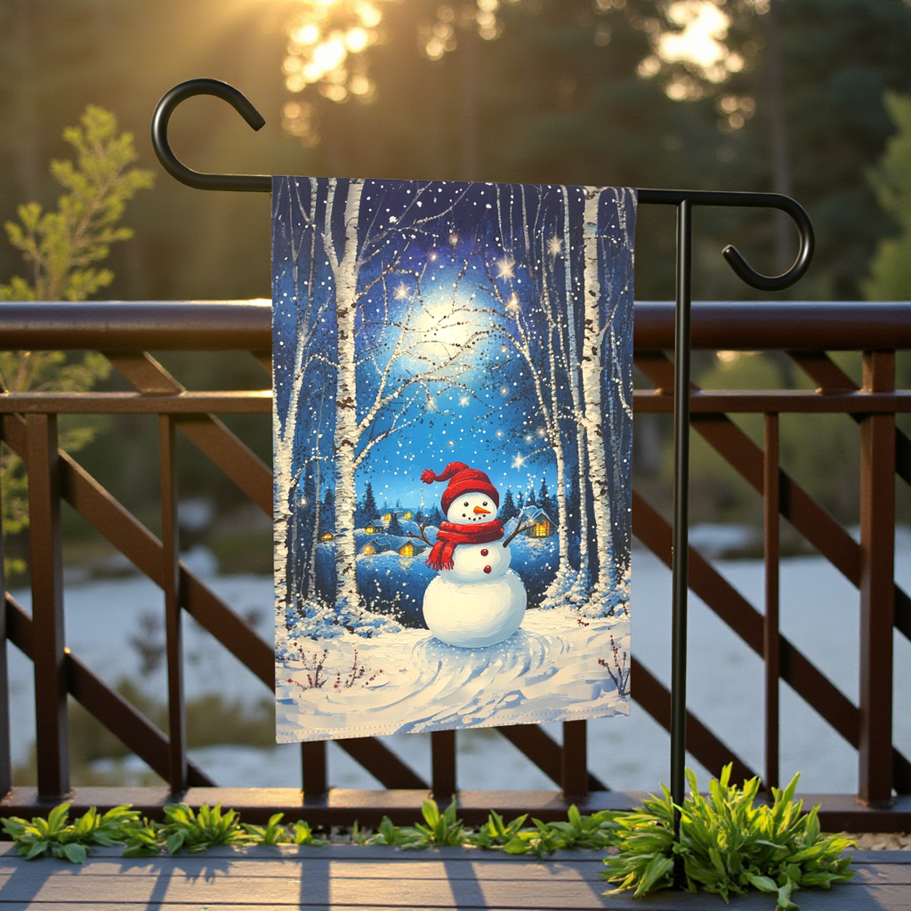Winter Night Snowman Garden Flag - front view - Dragonfire Gardens