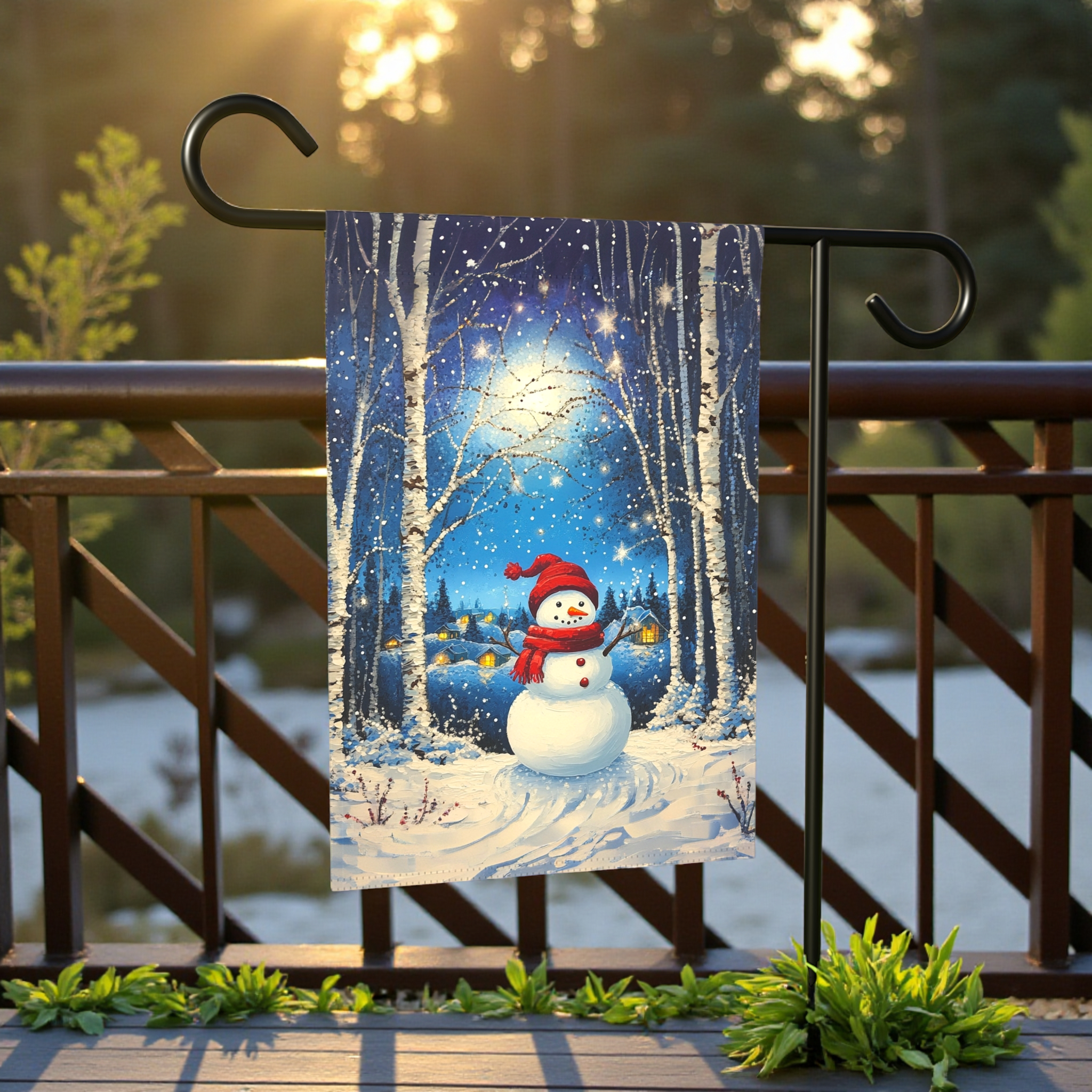 Winter Night Snowman Garden Flag - front view - Dragonfire Gardens