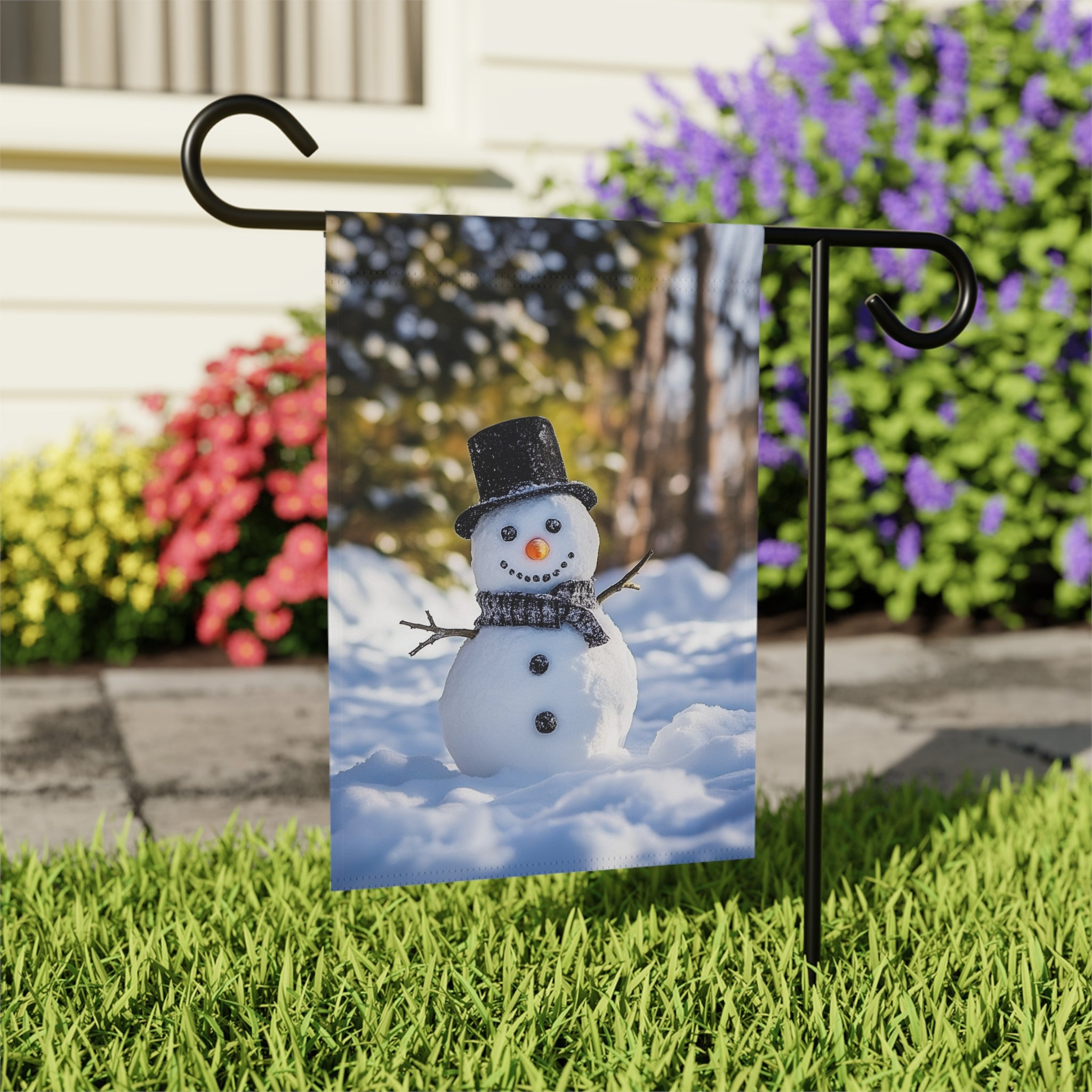 Winter Snowman Garden Flag - outdoor display - Dragonfire Gardens
