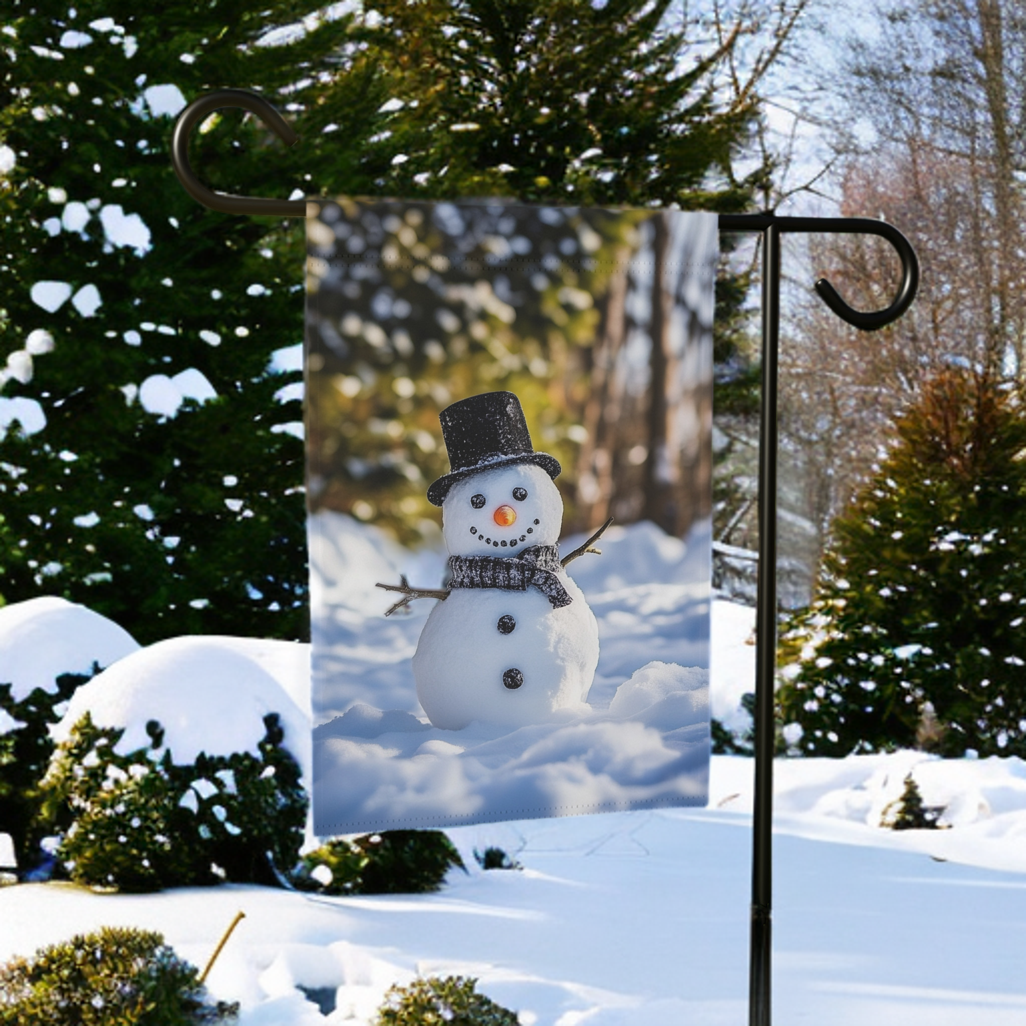 Winter Snowman Garden Flag - size comparison - Dragonfire Gardens
