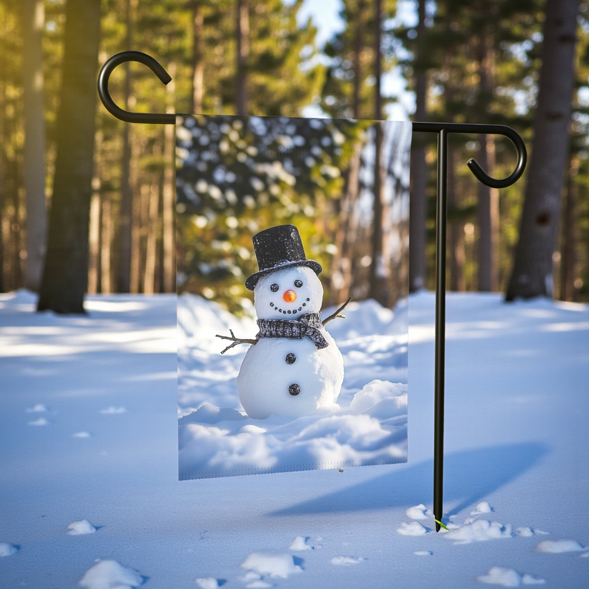 Winter Snowman Garden Flag - lifestyle display - Dragonfire Gardens