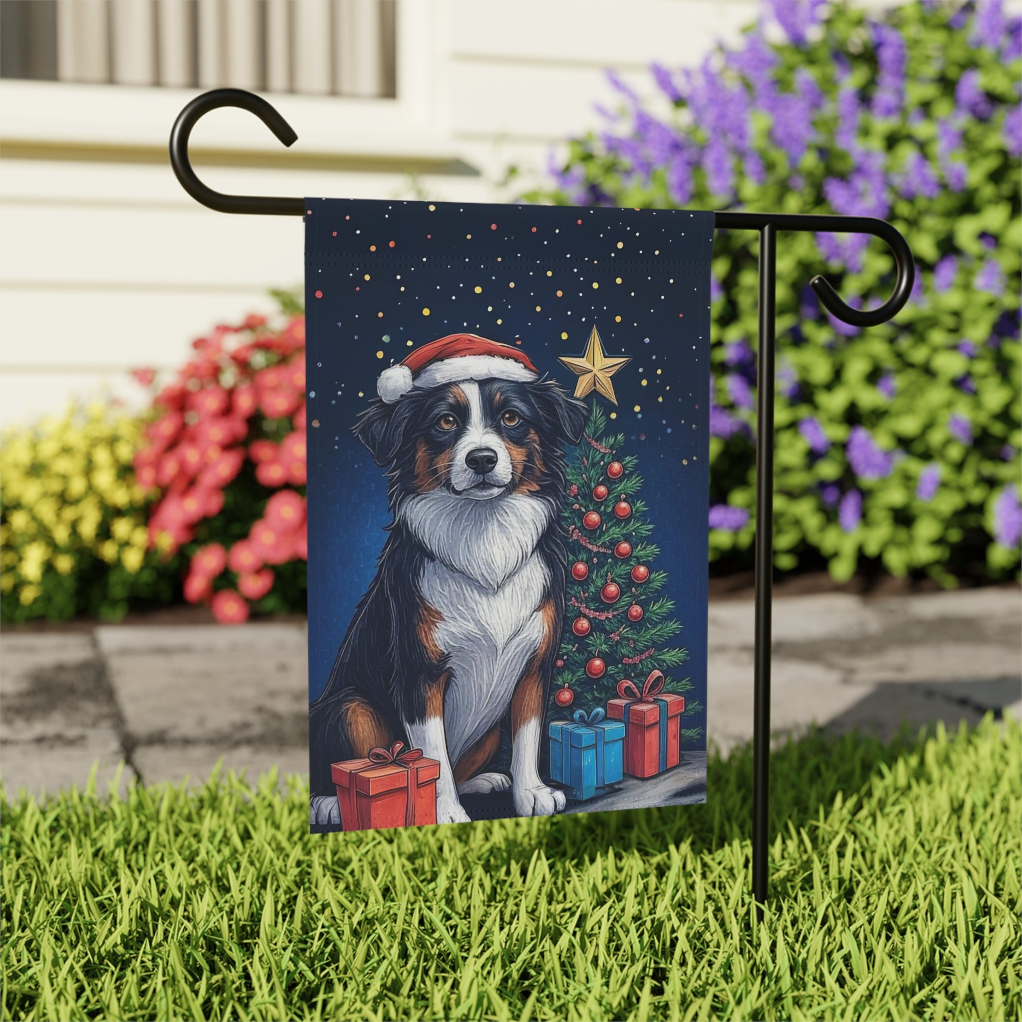 Border Collie Christmas Garden Flag - outdoor display - Dragonfire Gardens