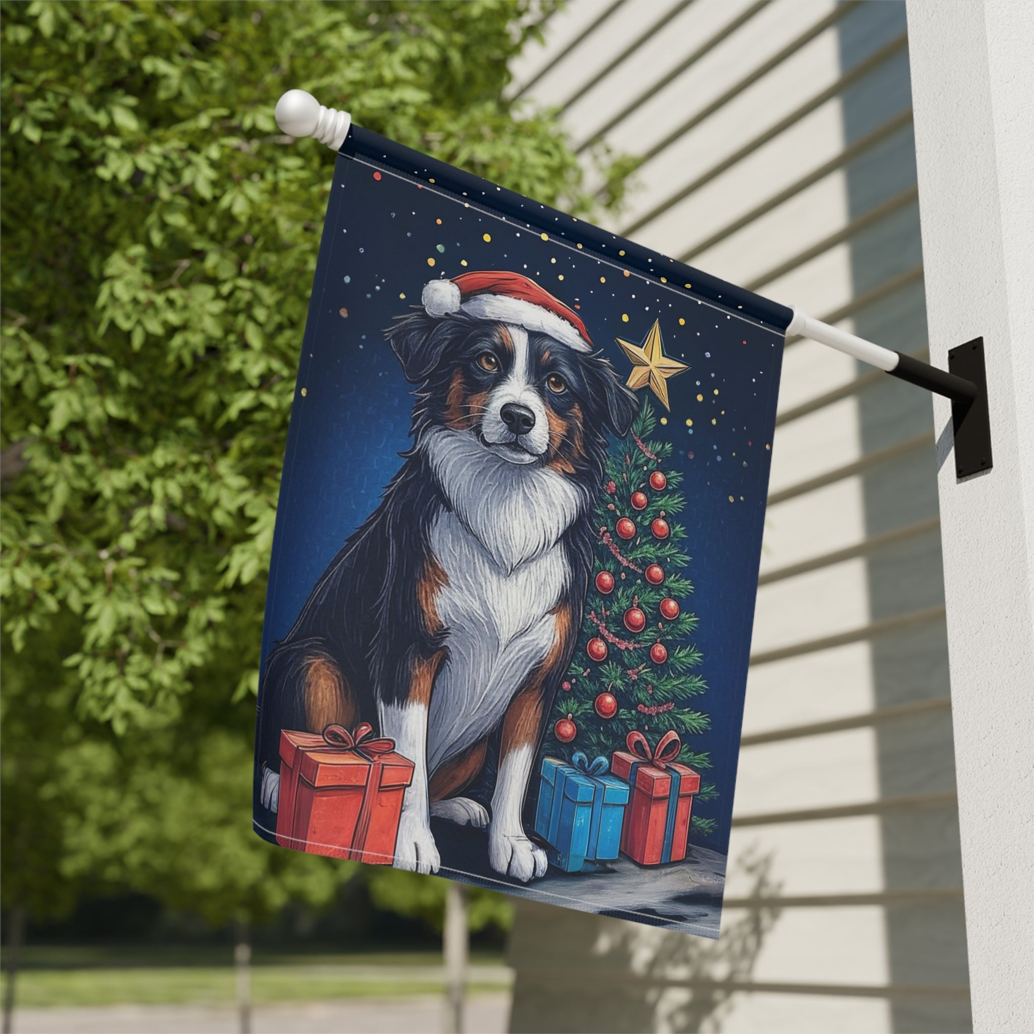 Border Collie Christmas Garden Flag - close-up detail - Dragonfire Gardens