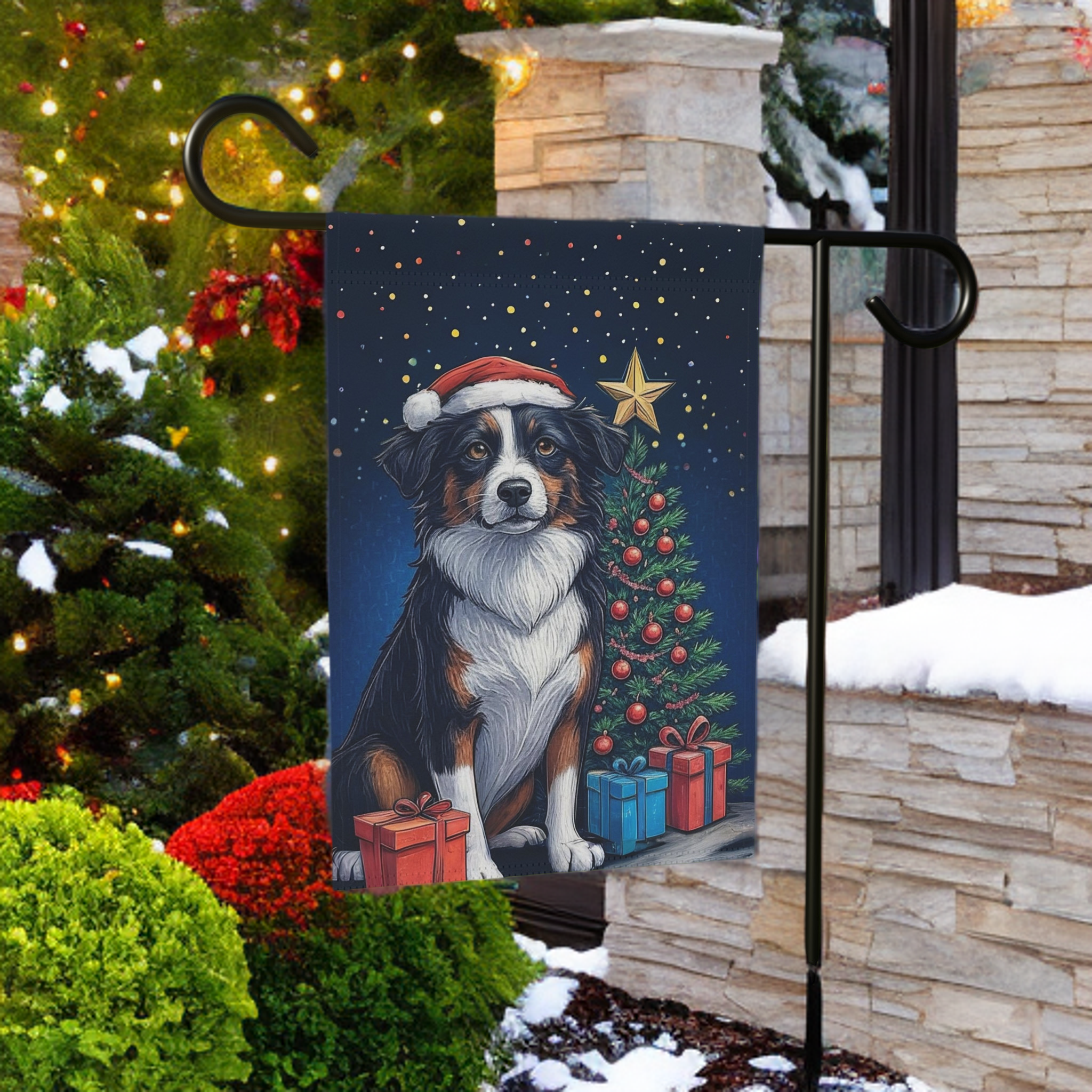 Border Collie Christmas Garden Flag - size comparison - Dragonfire Gardens