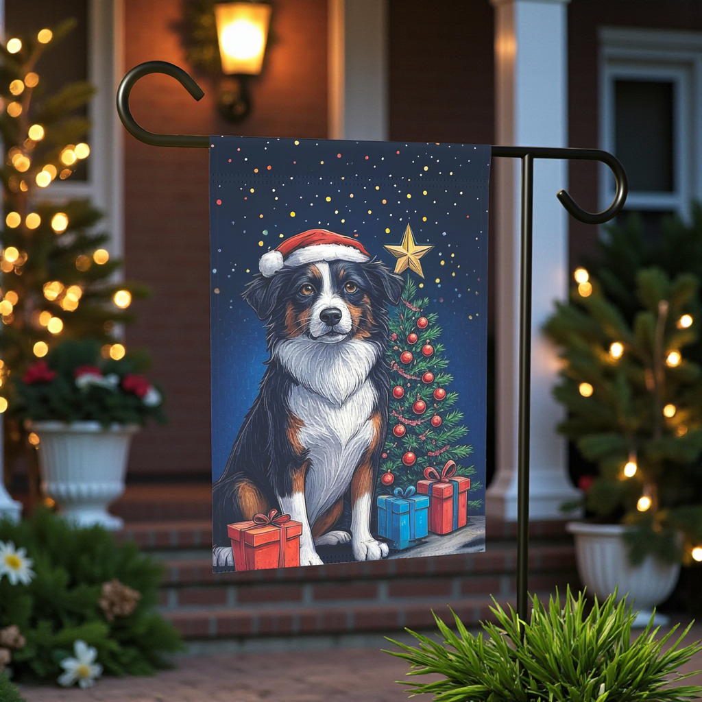Border Collie Christmas Garden Flag - front view - Dragonfire Gardens