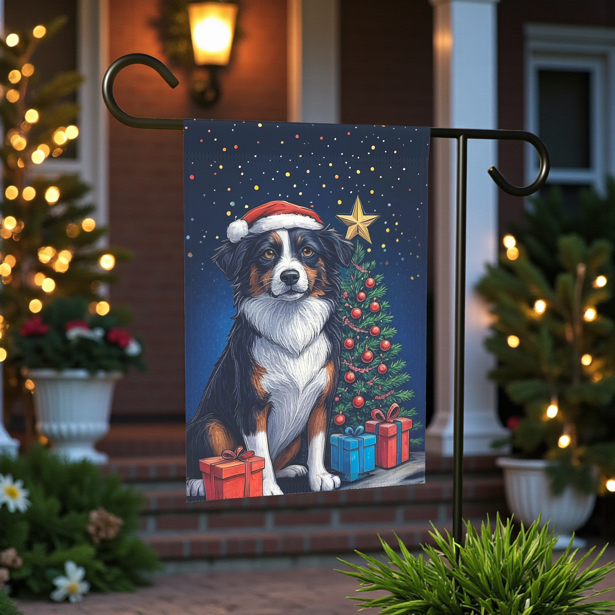 Border Collie Christmas Garden Flag - front view - Dragonfire Gardens