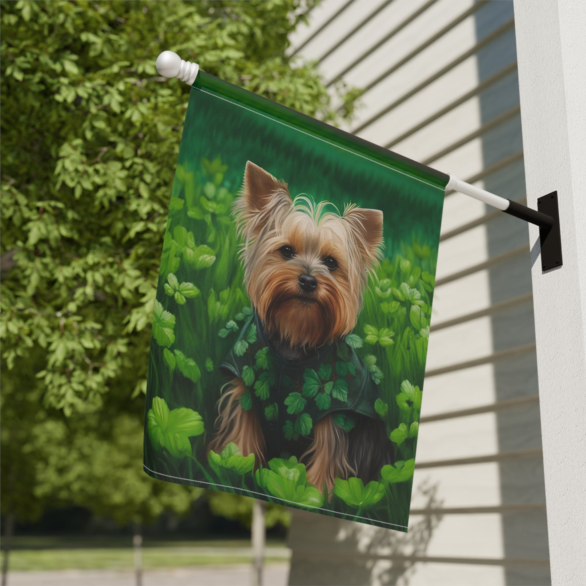 Yorkie in Clovers Garden Flag - close-up detail - Dragonfire Gardens