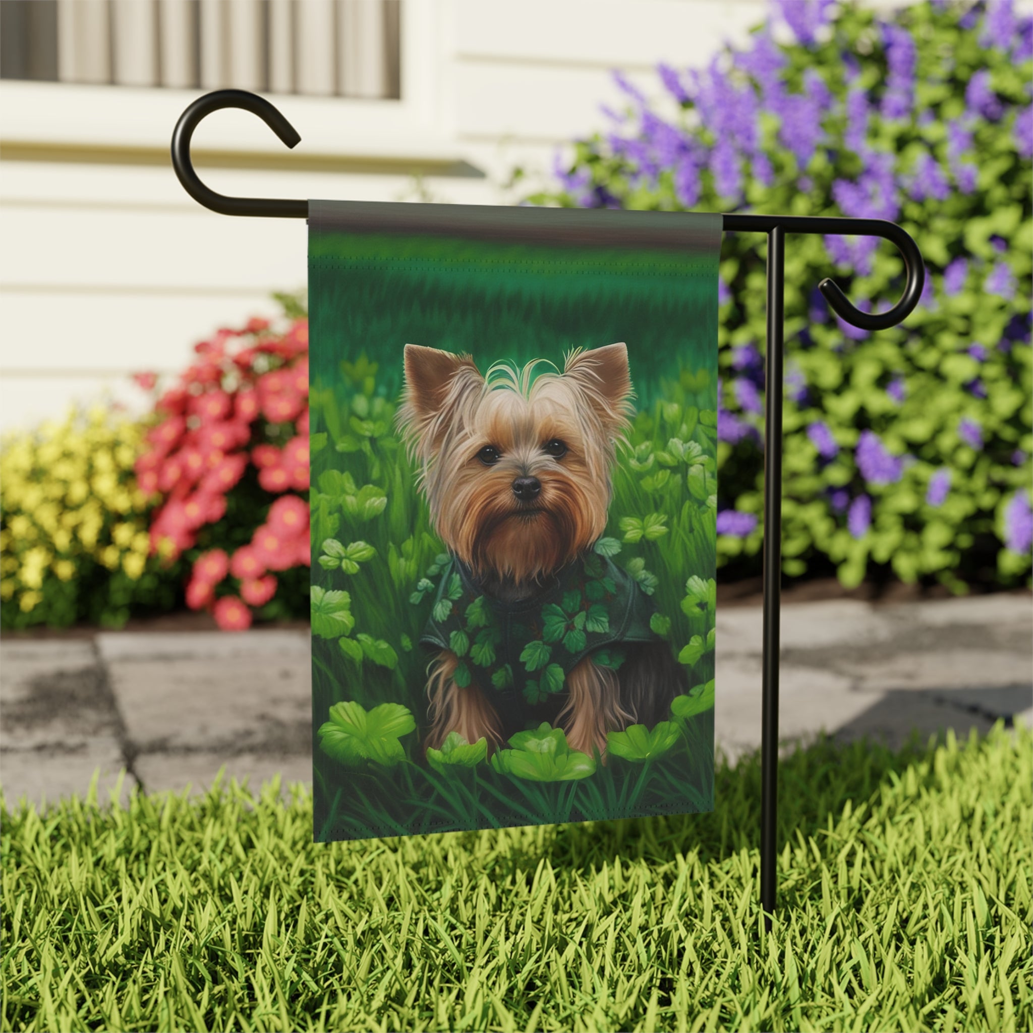 Yorkie in Clovers Garden Flag - outdoor display - Dragonfire Gardens