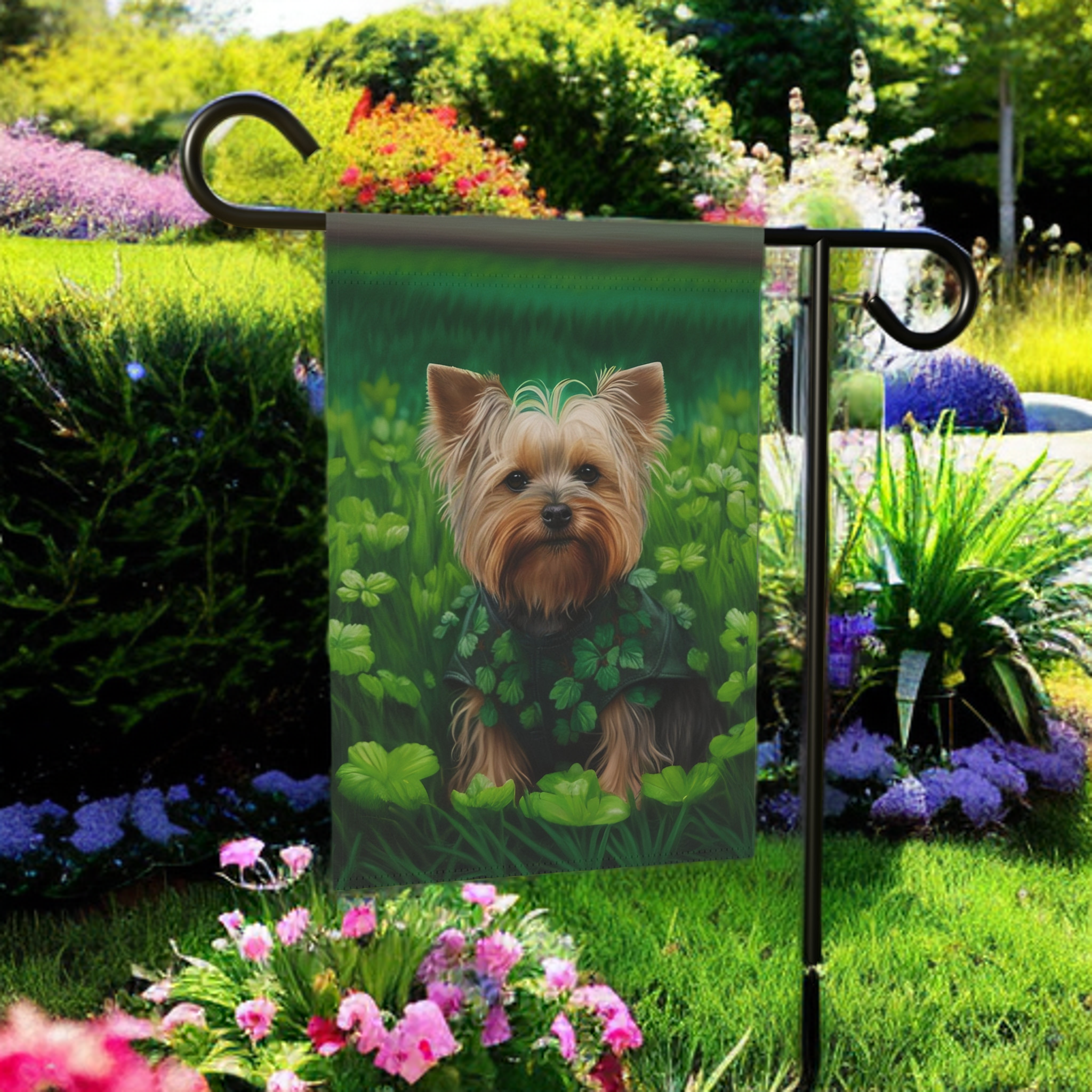 Yorkie in Clovers Garden Flag - size comparison - Dragonfire Gardens