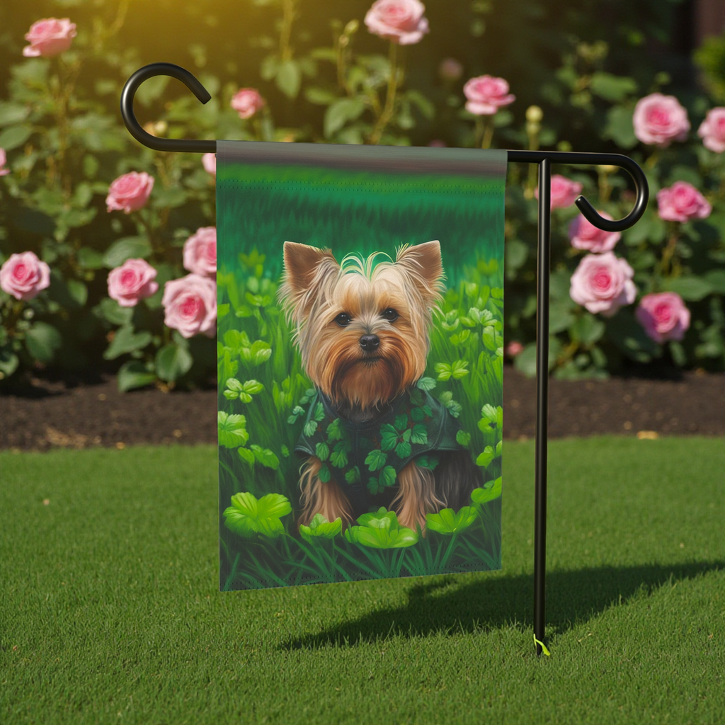 Yorkie in Clovers Garden Flag - lifestyle display - Dragonfire Gardens