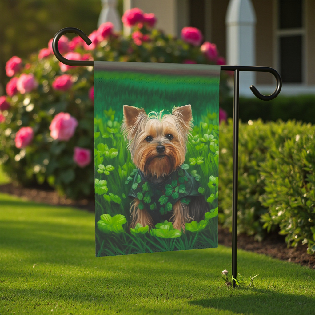 Yorkie in Clovers Garden Flag - front view - Dragonfire Gardens