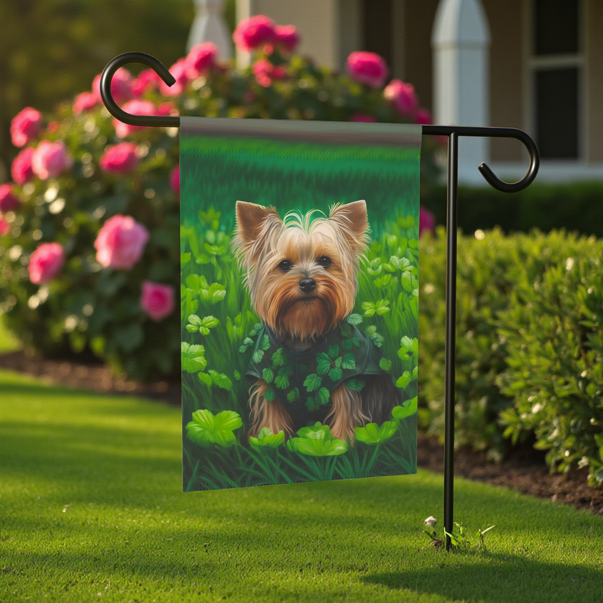Yorkie in Clovers Garden Flag - front view - Dragonfire Gardens
