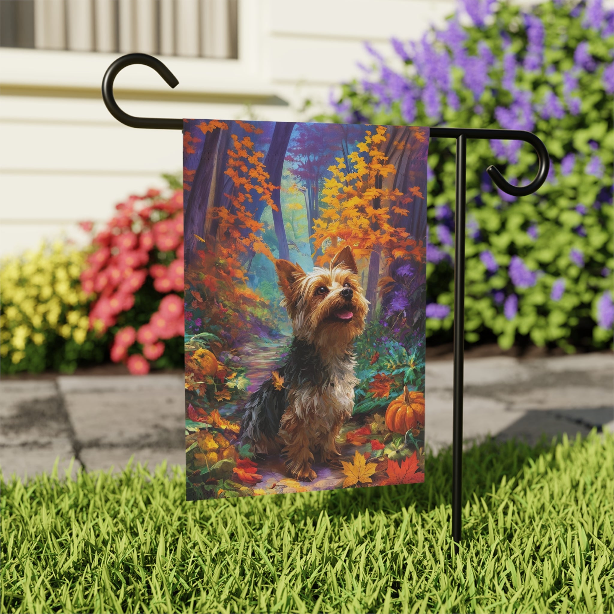 Fall Foliage Yorkshire Terrier Garden Flag - outdoor display - Dragonfire Gardens