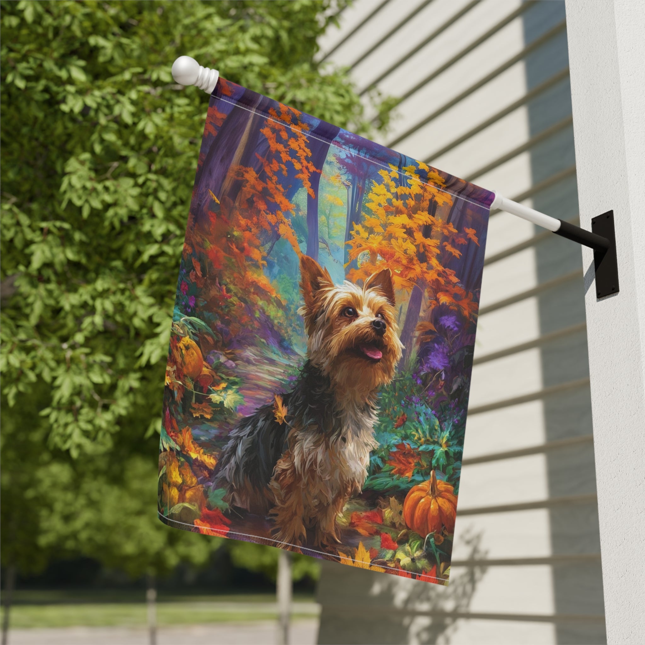 Fall Foliage Yorkshire Terrier Garden Flag - close-up detail - Dragonfire Gardens