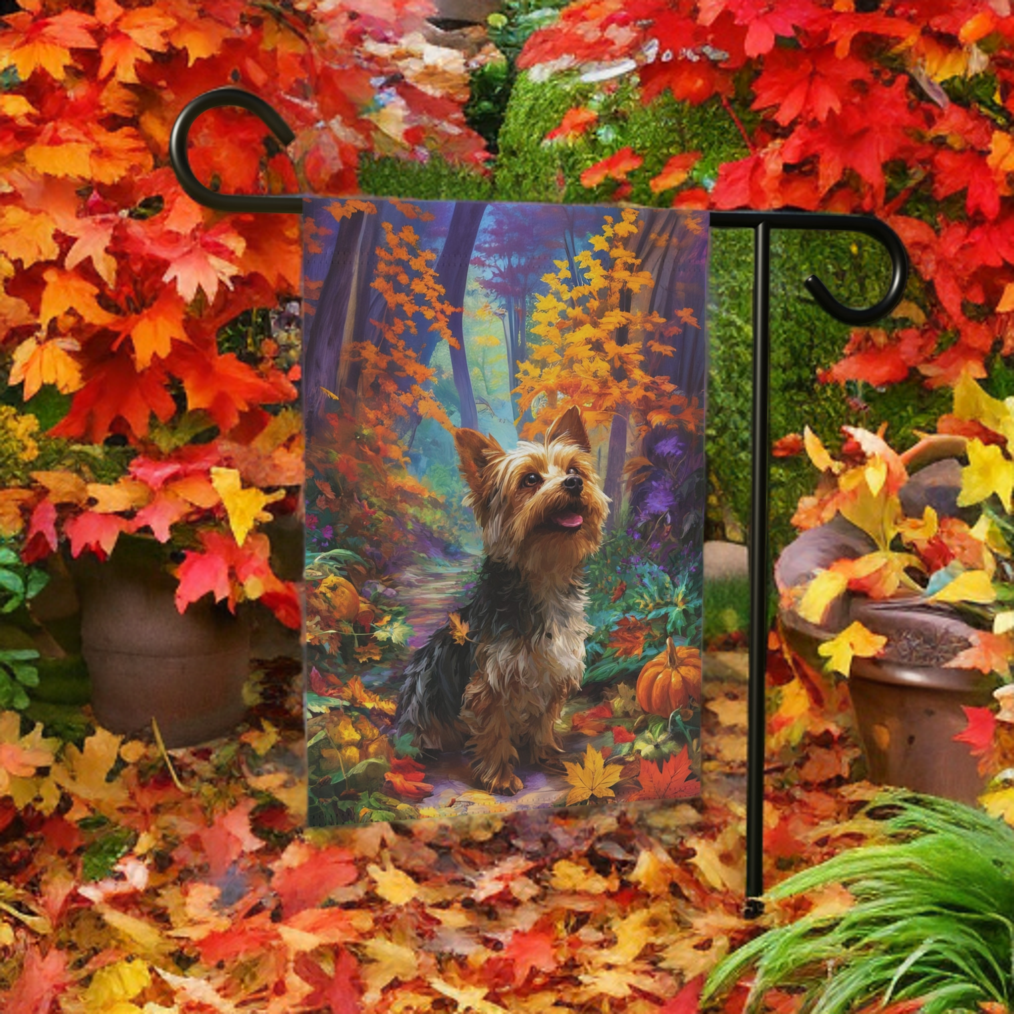 Fall Foliage Yorkshire Terrier Garden Flag - lifestyle display - Dragonfire Gardens