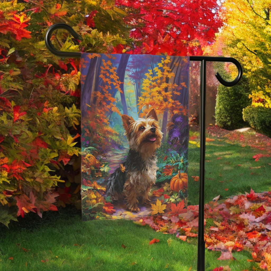 Fall Foliage Yorkshire Terrier Garden Flag - size comparison - Dragonfire Gardens