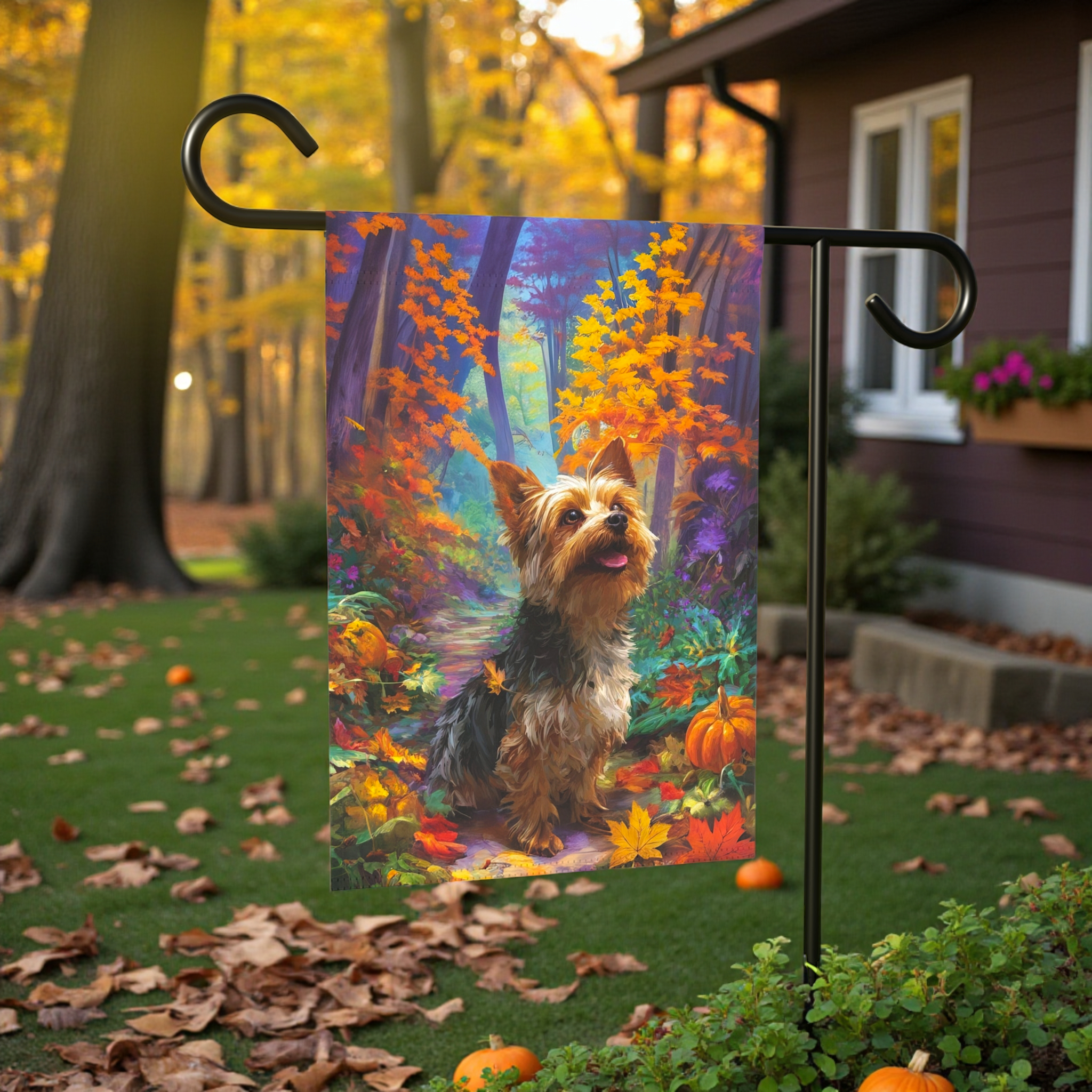 Fall Foliage Yorkshire Terrier Garden Flag - front view - Dragonfire Gardens