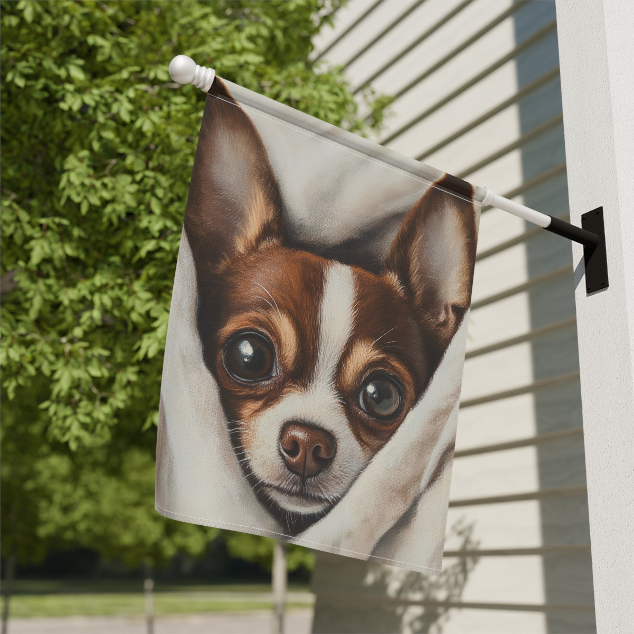 White Blanket Chihuahua Garden Flag - close-up detail - Dragonfire Gardens