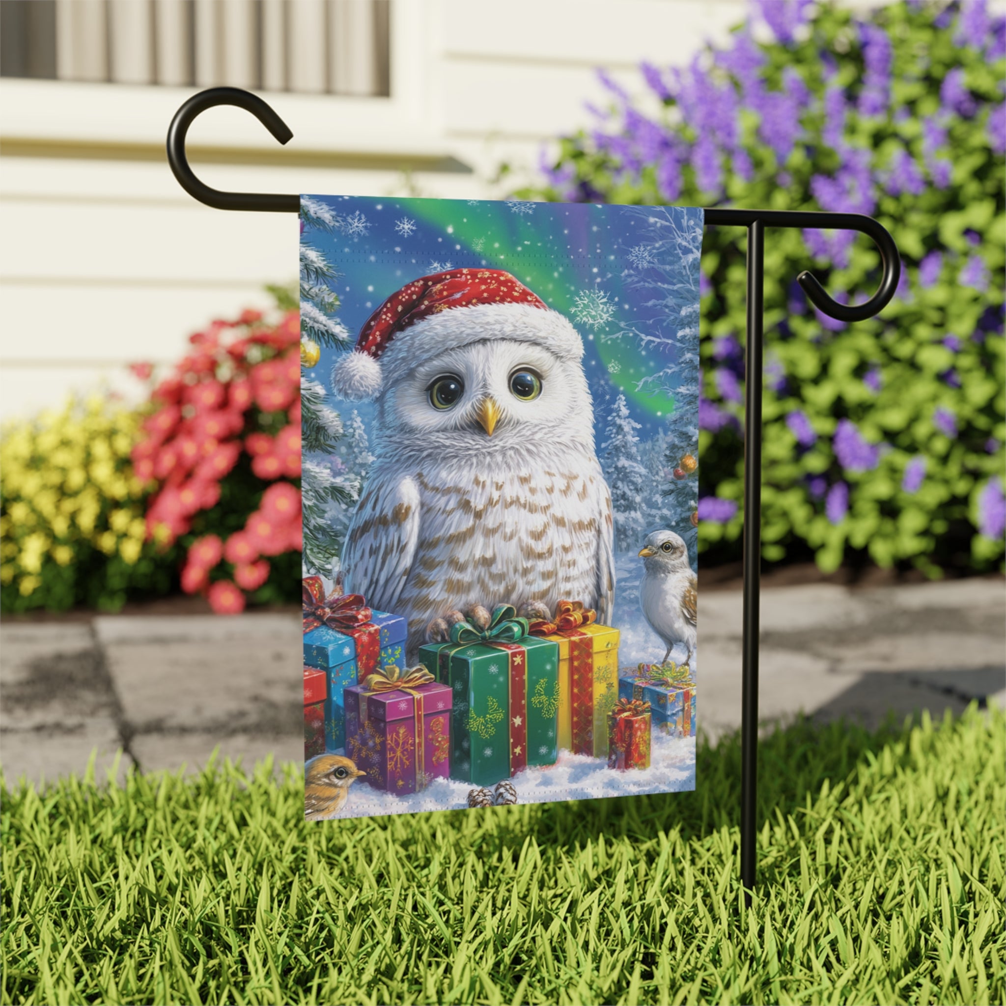 Snowy Owl Christmas Garden Flag - outdoor display - Dragonfire Gardens