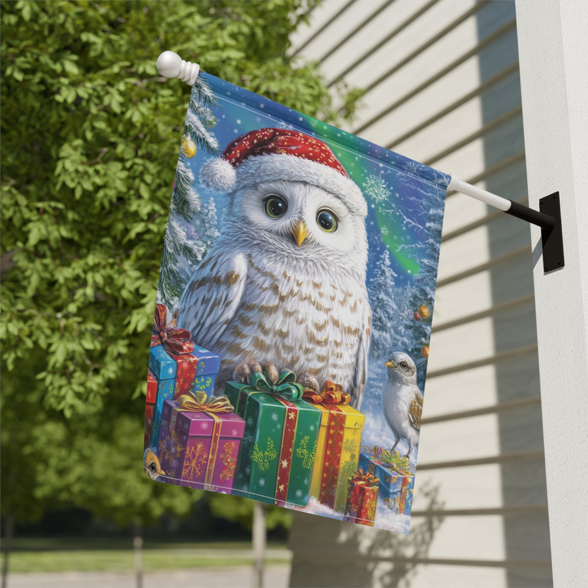 Snowy Owl Christmas Garden Flag - close-up detail - Dragonfire Gardens
