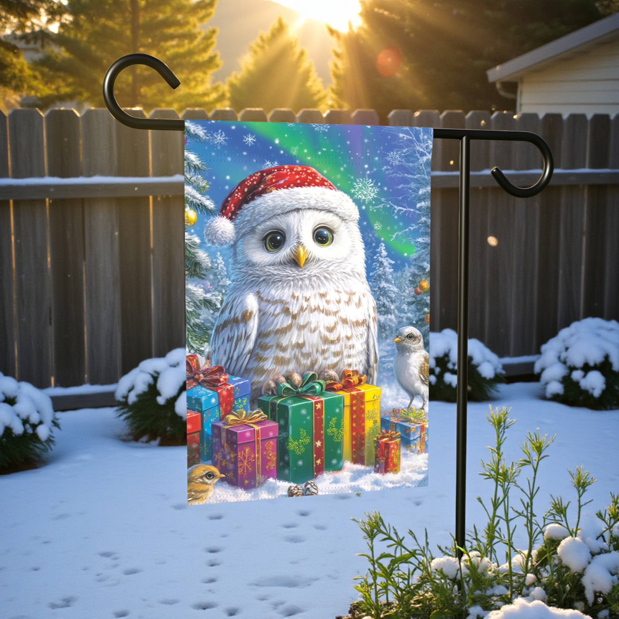 Snowy Owl Christmas Garden Flag - front view - Dragonfire Gardens