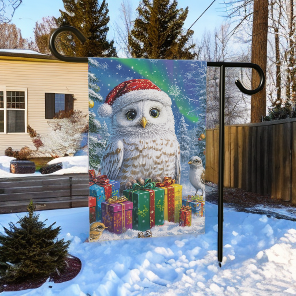 Snowy Owl Christmas Garden Flag - size comparison - Dragonfire Gardens