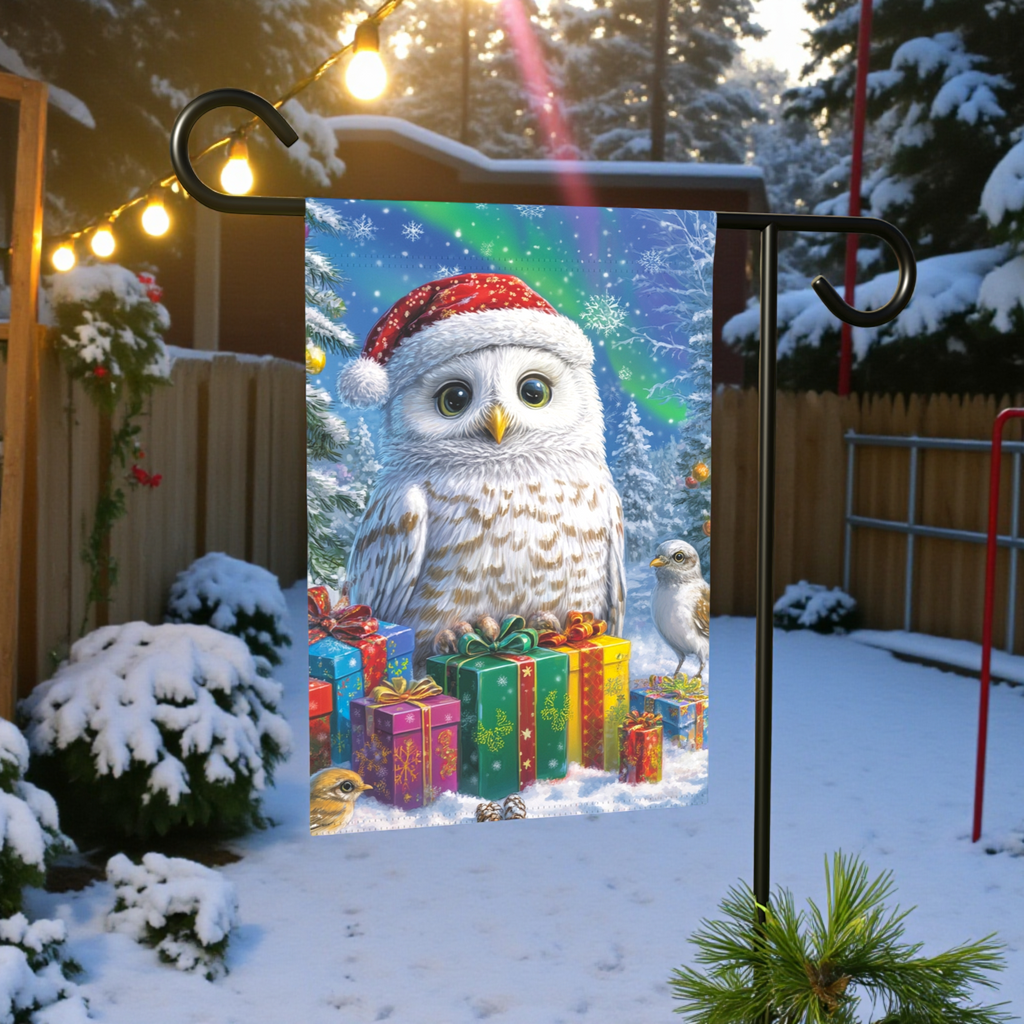 Snowy Owl Christmas Garden Flag - lifestyle display - Dragonfire Gardens