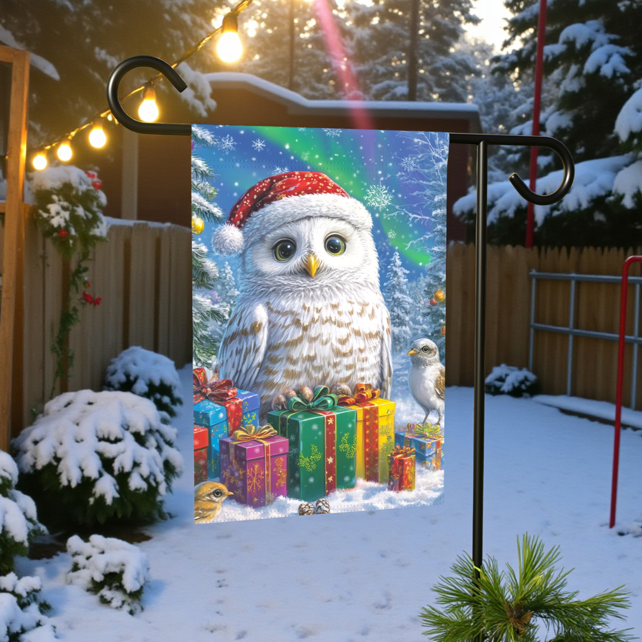 Snowy Owl Christmas Garden Flag - lifestyle display - Dragonfire Gardens