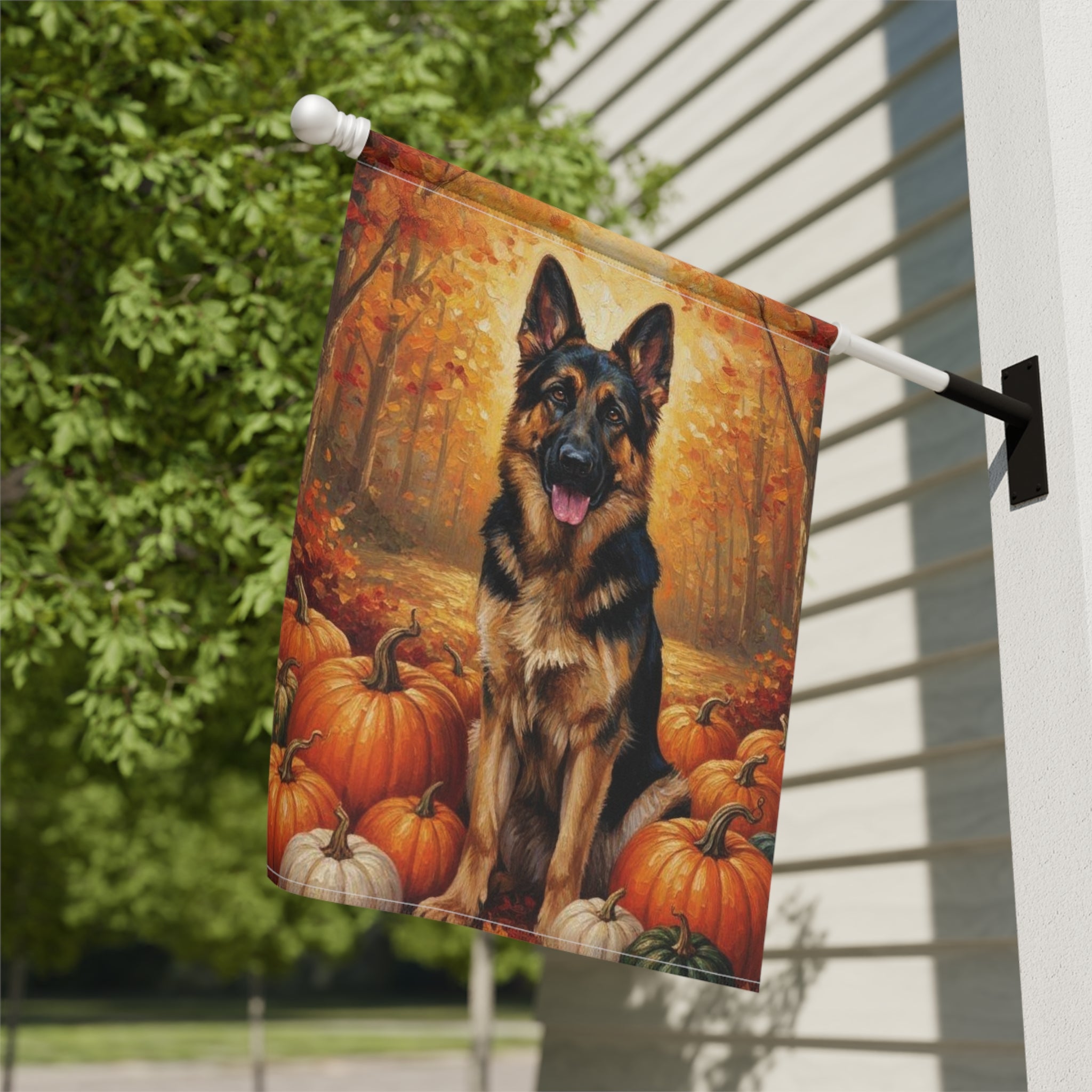 German Shepherd and Pumpkins Fall Garden Flag - close-up detail - Dragonfire Gardens