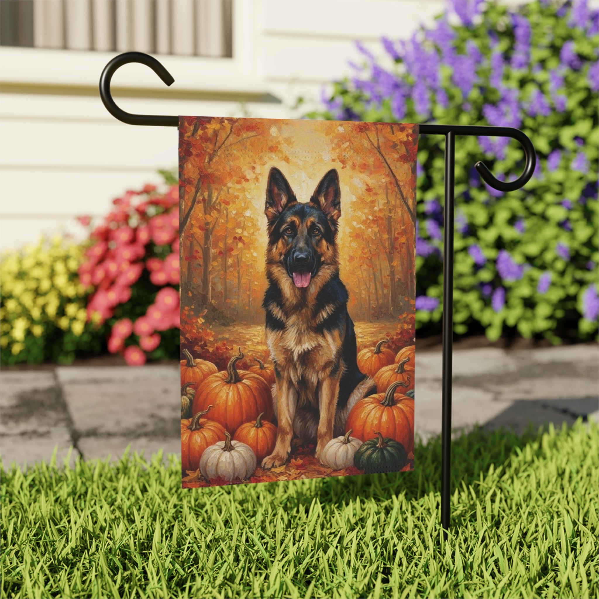 German Shepherd and Pumpkins Fall Garden Flag