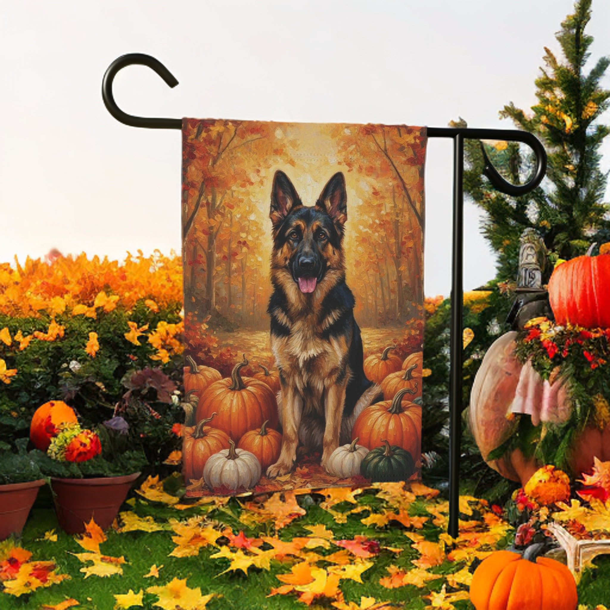 German Shepherd and Pumpkins Fall Garden Flag