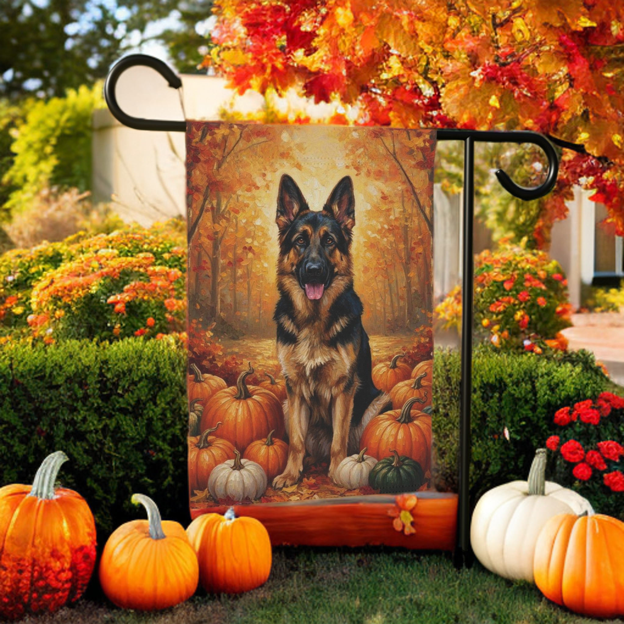 German Shepherd and Pumpkins Fall Garden Flag