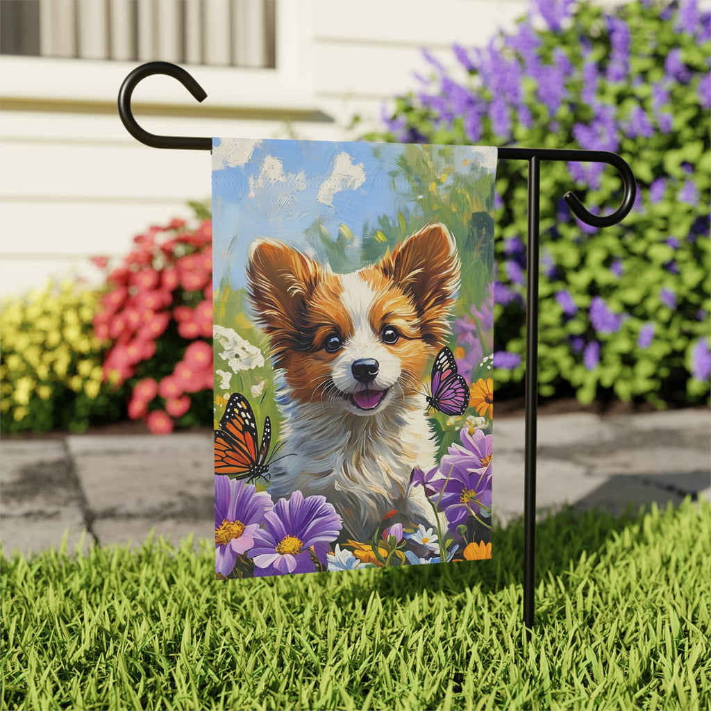 Two Butterflies and Corgi Garden Flag - close-up detail - Dragonfire Gardens