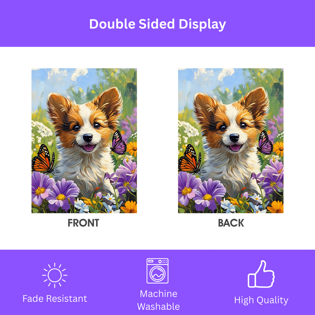 Two Butterflies and Corgi Garden Flag - yard display - Dragonfire Gardens