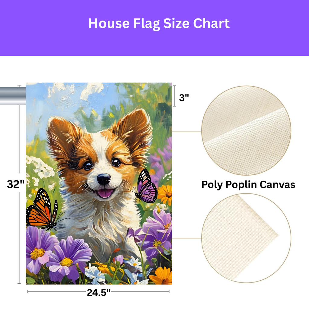Two Butterflies and Corgi Garden Flag - size comparison - Dragonfire Gardens