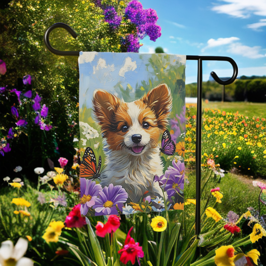 Two Butterflies and Corgi Garden Flag - outdoor display - Dragonfire Gardens
