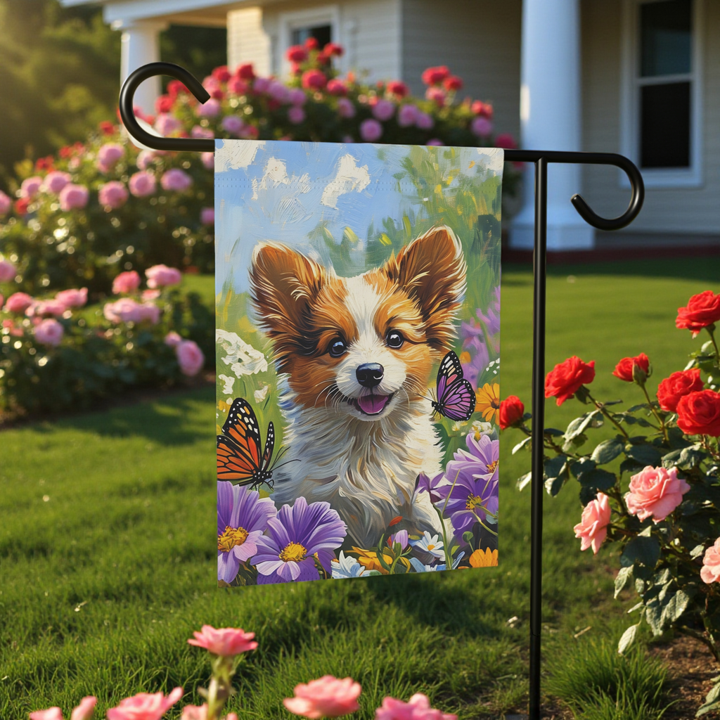 Two Butterflies and Corgi Garden Flag - front view - Dragonfire Gardens
