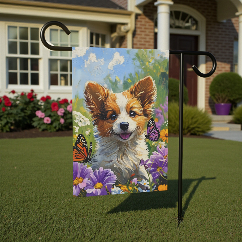 Two Butterflies and Corgi Garden Flag - lifestyle display - Dragonfire Gardens