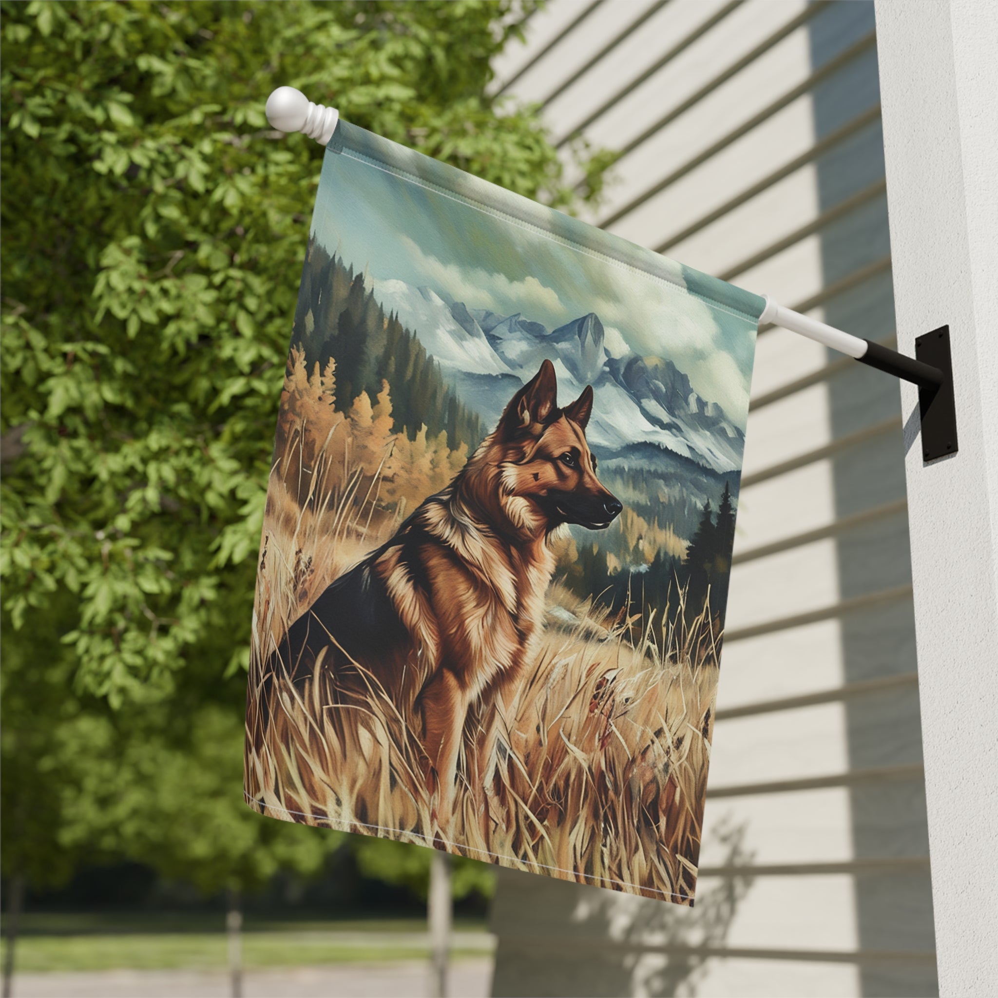 Mountain Range German Shepherd Garden Flag - close-up detail - Dragonfire Gardens