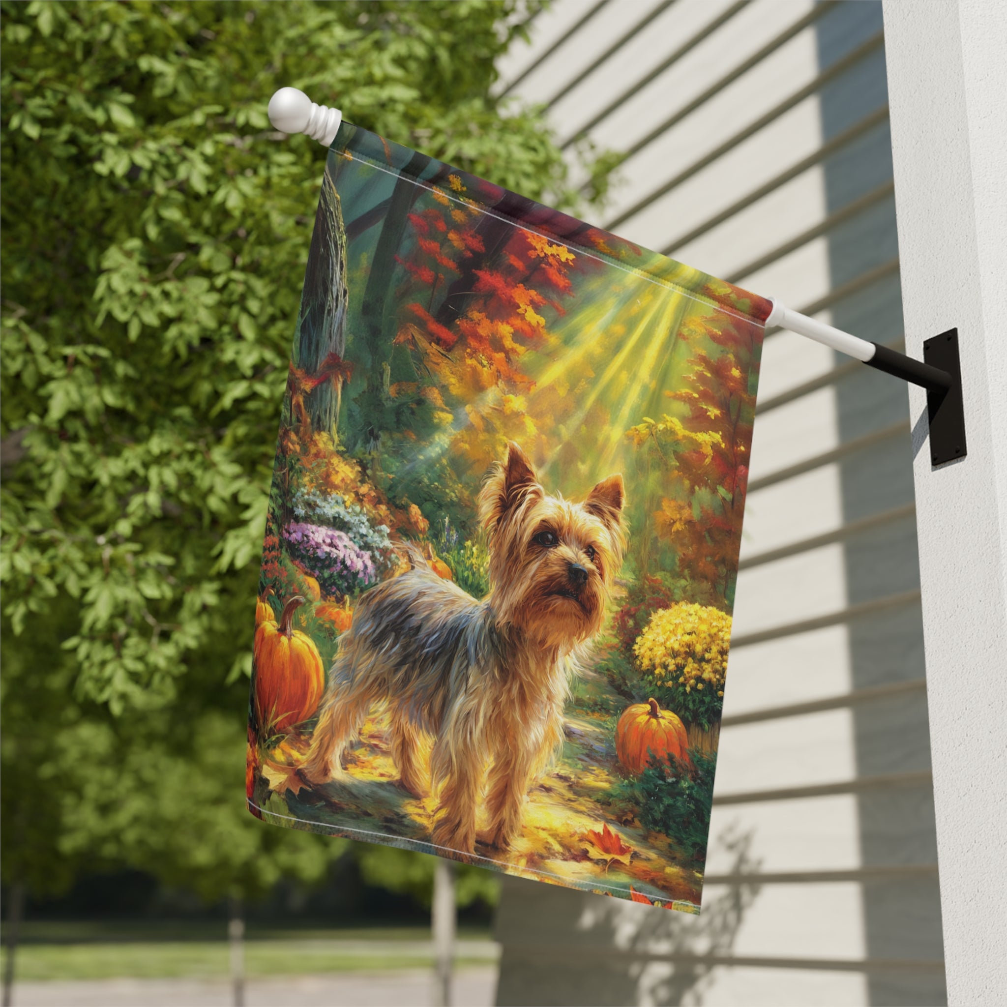 Fall Sunlight Yorkshire Terrier Garden Flag - close-up detail - Dragonfire Gardens