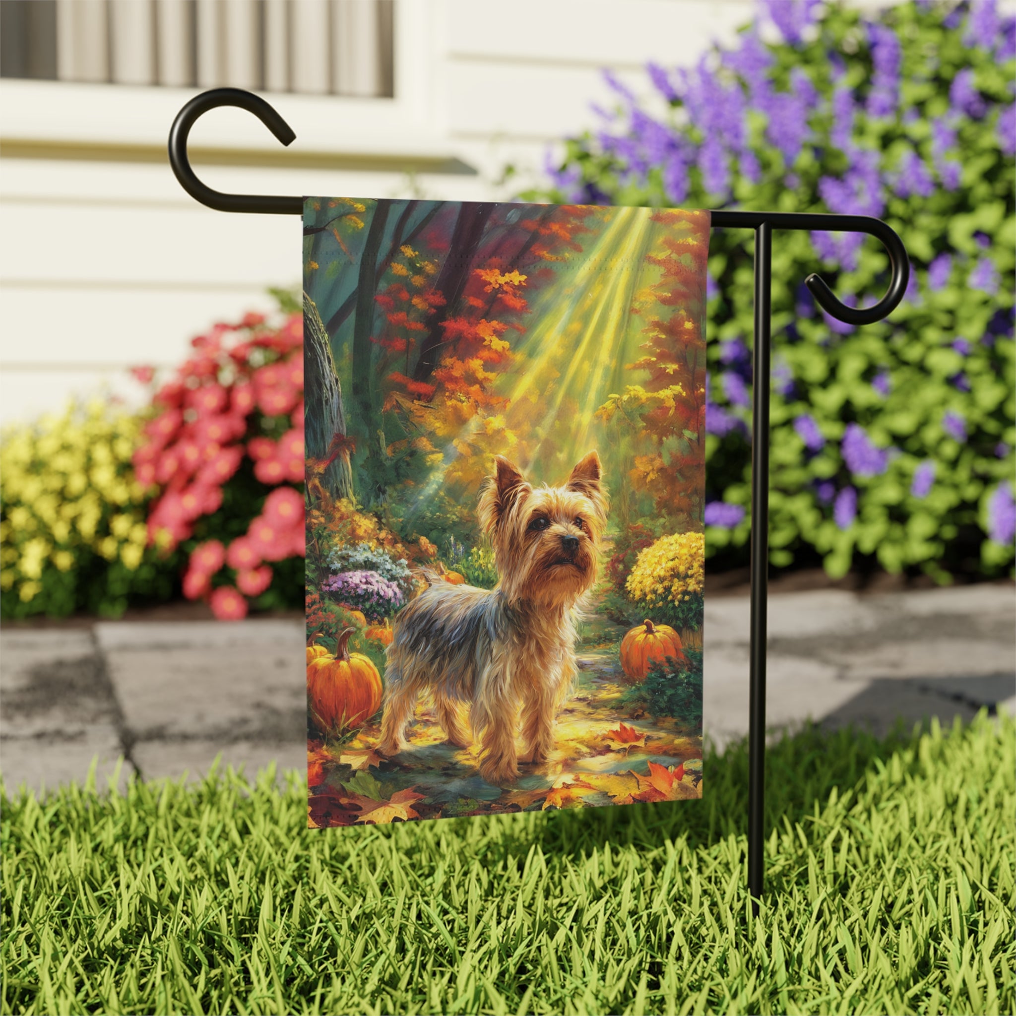 Fall Sunlight Yorkshire Terrier Garden Flag - outdoor display - Dragonfire Gardens