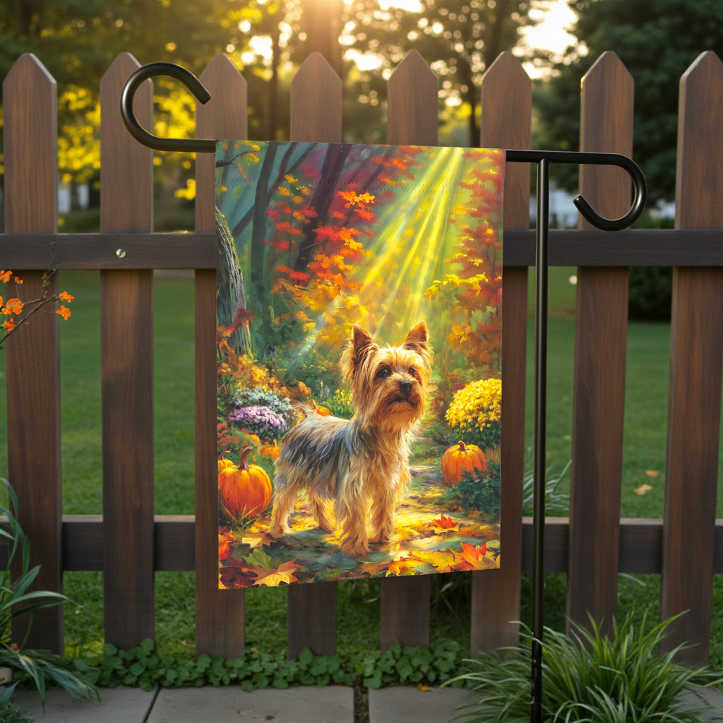 Fall Sunlight Yorkshire Terrier Garden Flag - lifestyle display - Dragonfire Gardens