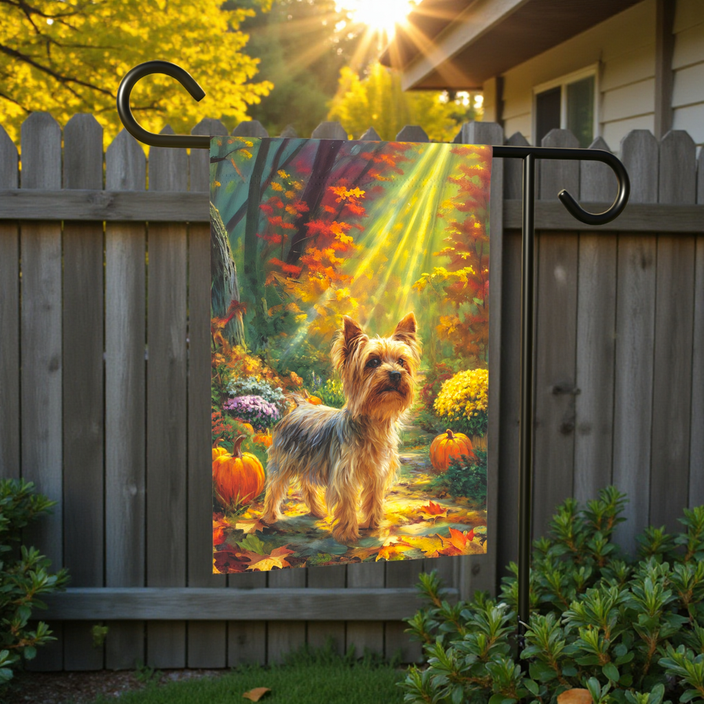 Fall Sunlight Yorkshire Terrier Garden Flag - size comparison - Dragonfire Gardens