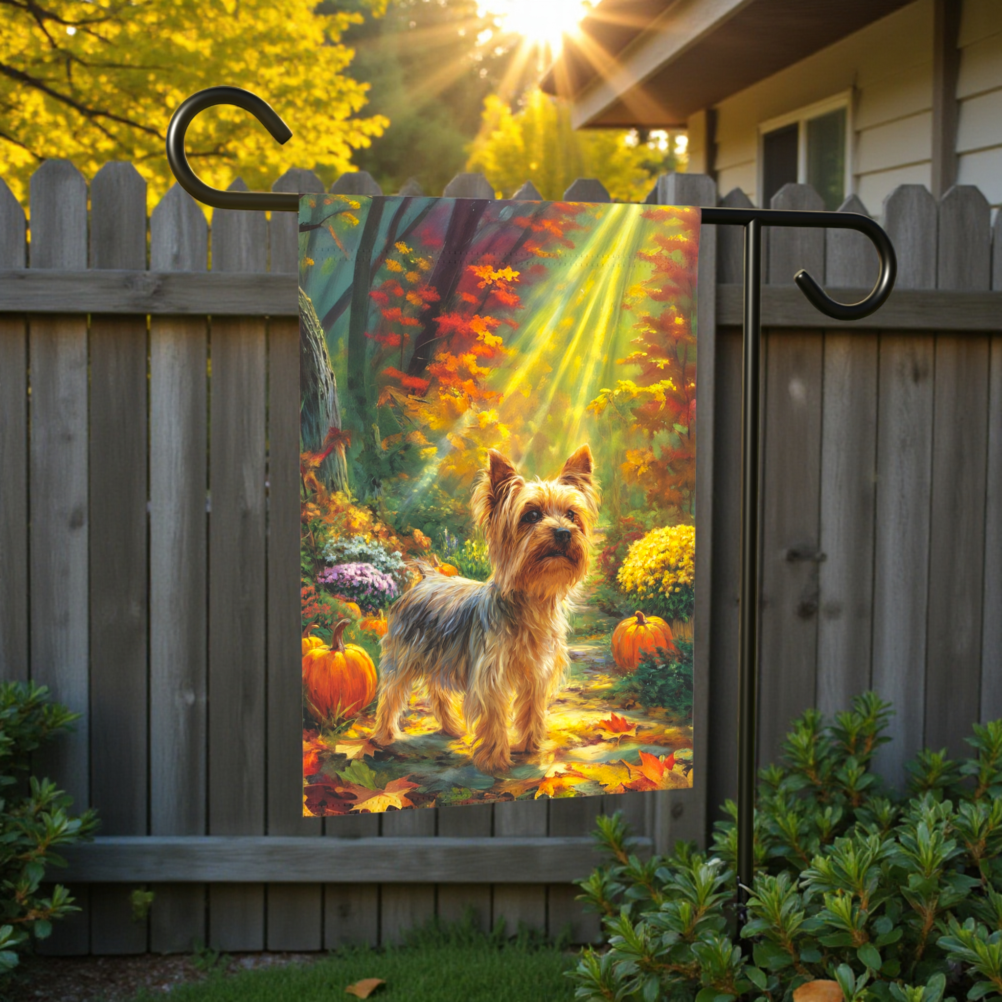 Fall Sunlight Yorkshire Terrier Garden Flag - size comparison - Dragonfire Gardens