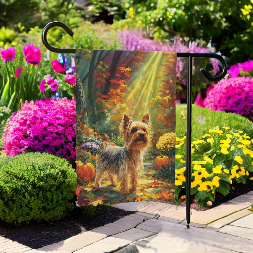 Fall Sunlight Yorkshire Terrier Garden Flag - product detail - Dragonfire Gardens